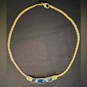 Vintage 1970’s Gold Herringbone Necklace with Navy Blue Enamel Accents